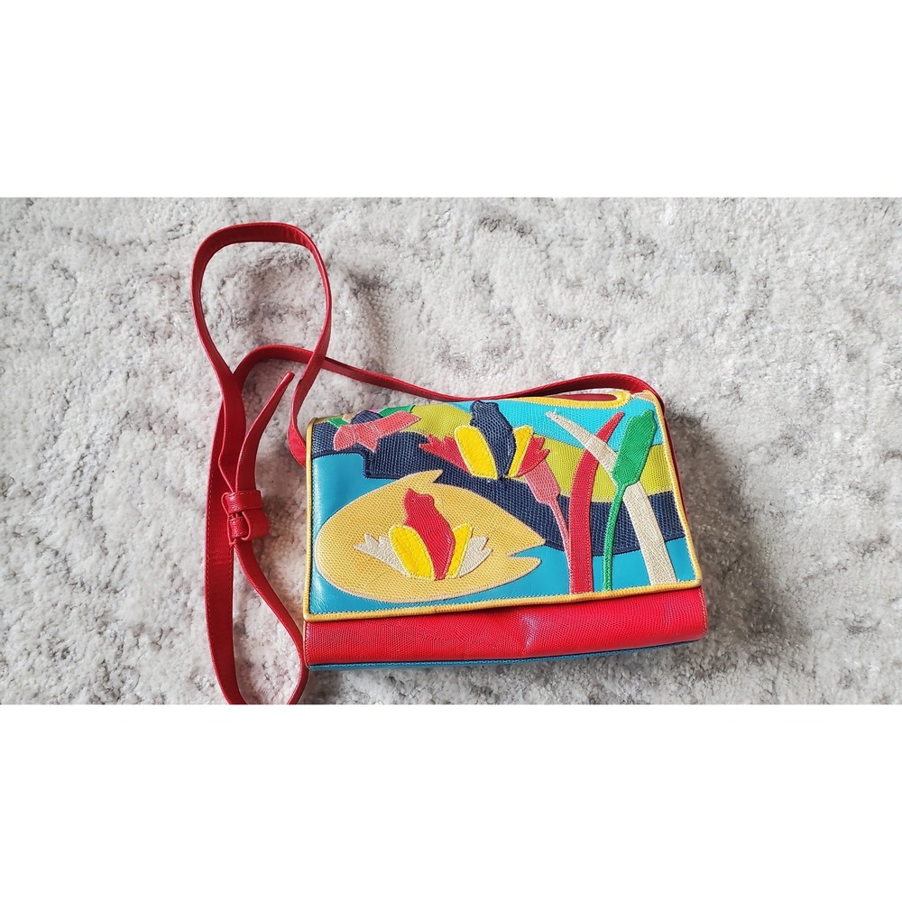 Sharif Vintage Leather Patchwork Crossbody Bag Multi Color USA Lizard Embossed